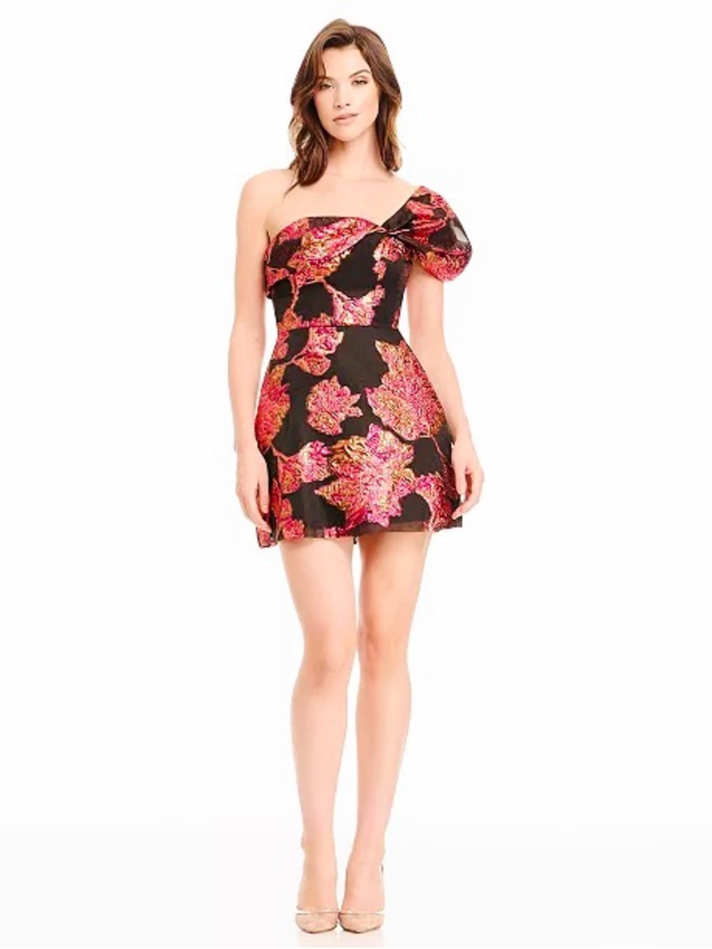 Dress the Population Olive Pink Gold Metallic Jacquard One Shoulder Mini Dress S